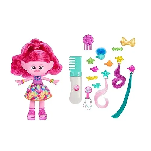 Mattel DREAMWORKS TROLLS Gemeinsam Stark – Haar-tastische Königin Poppy-Modepuppe - 15+ Zubehörteile, Glitzerkamm, herauswaschbares Glitzergel, für Kinder ab 3 Jahren, HNF25