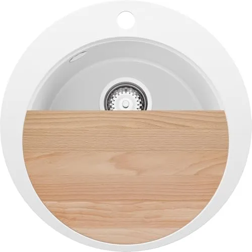 PRIMAGRAN Spülbecken Rund Weiß 50x50cm, Granitspüle 1 Becken + Ablauf-Set + Schneidebrett, Küchenspüle ab 45er Unterschrank - Pisa S020