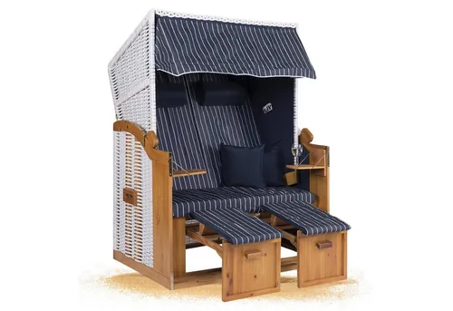 Strandkorb Hanse Ostsee XXL 120 cm Blau Weiß Gestreift - Premium Strandkorb für Garten, Balkon oder Terrasse, mit witterungsbeständigem Polyrattangeflecht und verstellbarer Rückenlehne für maximalen Komfort.