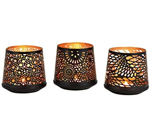 3er-Set Windlichter aus Metall 3-Fach Sortiert mit tollen Ornamenten - Teelichthalter Kerzenhalter konisch - Mediterran Orientalisch Modern Tischdeko Wohndeko (schwarz - Gold) Ø 10 x Höhe 11 cm