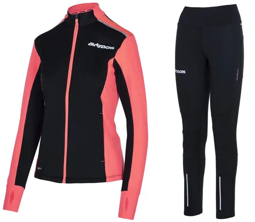 Airtracks Damen Winter Laufset Thermo Pro Line Laufhose Lang Laufshirt Langarm Sweatshirt Fleece Funktionsshirt Sport Langarmshirt Jogginghose Leggins - schwarz-rot - L