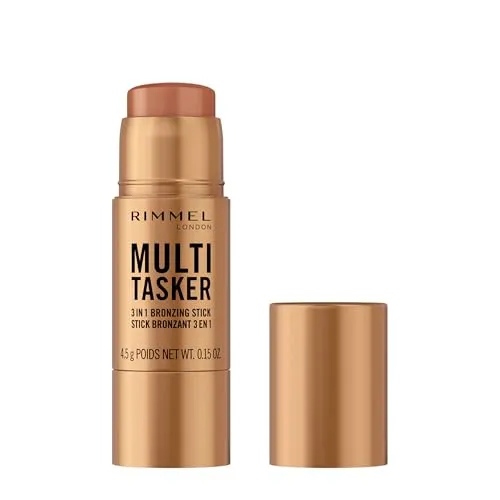 Rimmel Multi Tasker 3-in-1 Bronzing Stick, 002 Medium, Sculpted and Bronzed Glow, ganztägiges Tragen, durchscheinendes und taufrisches Finish, angereichert mit Vitamin C und E, vegane Formel
