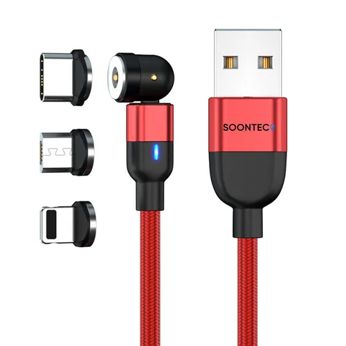 Magnet Ladekabel 2 Meter SOONTEC Magnetladekabel 2,4A in rot mit 3 Steck