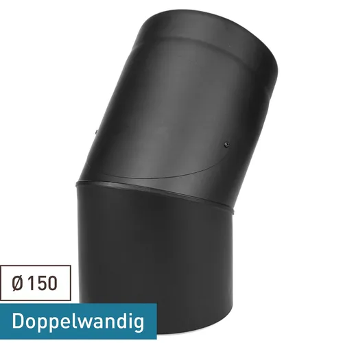 Rauchrohrbogen 150mm schwarz DN150 doppelwandig mit Isolierung 45° - Doppelwandiger Rauchrohrbogen aus hochwertigem Stahlblech, ideal für effiziente Abgasführung. Temperaturbeständig bis 600°C, mit Reinigungsöffnung für einfachen Zugang. Perfekt für den Einsatz in Heizsystemen.