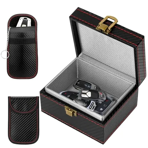 Luziyun Keyless Go Schutz Autoschlüssel Box & 2 Faraday Bag, Schwarz, 11.5 x 9.5 x 6.5 cm, PU-Leder, Abschirmstoff, Luxuriös