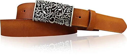 FRONHOFER Damengürtel Rindsleder 3 cm, Größen 85-125 cm, florale Koppelschnalle altsilber 7 x 3,5 cm, Druckknopf wechselbar, Made in Germany, für Rock und Jeans