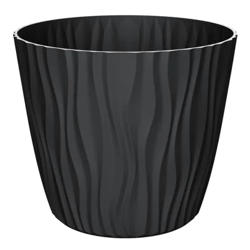 Engelland - 1 x Blumentopf mit Bewässerungssystem, Schwarz, Ø 39 cm, Pflanzkübel, Übertopf, 3D-Wellenmuster, Innen- & Außenbereich, Drainagesystem & Wasserspeicher, rund, Kunststoff