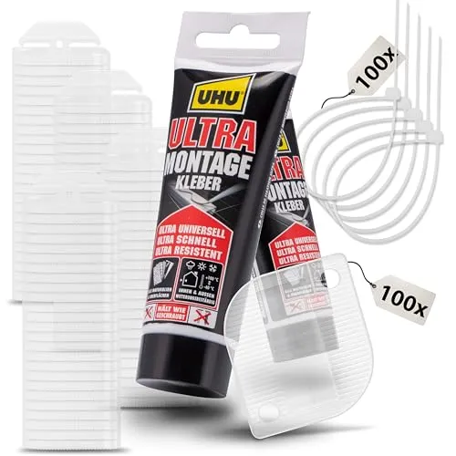 FinoPet Sichtschutzbefestigung - Katzennetz Befestigung ohne Bohren - Gardinenstangenhalter Set mit 100 Teilen, inklusive Klebehaken und UHU Ultra Montagekleber für eine sichere und einfache Befestigung Ihres Katzennetzes ohne Schrauben.