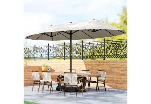 Outsunny Doppelsonnenschirm 455 x 265 cm - Sonnenschirm mit UV-Schutz und Handkurbel, ideal für Garten oder Balkon, bietet großzügigen Schatten und hohe Stabilität dank zweigeteilter Stange und Metallstreben.