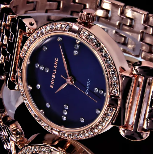 Excellanc Damen Armband Frauen Uhr Blau Rose Gold Farben Metall Strass BA2 Quarz