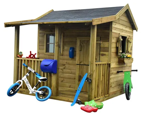 Spielhaus Saloon KDI - Kesseldruckimprägniertes Spielhaus mit Veranda, Fenstern und Blumenkästen. Ideal für kreatives Spielen und unvergessliche Abenteuer im Freien. Stabile Konstruktion sorgt für Langlebigkeit und Freude bei Kindern.