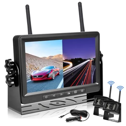 Rückfahrkamera Digitale Kabellose mit 7-Zoll-LCD HD-Monitor, 2 Kameras Rückfahrkamera mit Monitor, IP69 wasserdichte LKW Funk Auto Kamera zum Einparken, Einparkhilfe mit Stabiler Signalübertragung
