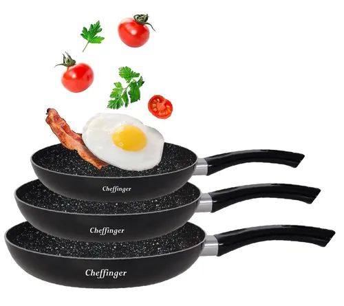 Cheffinger Pfannen-Set 3-tlg. Induktion - 3-teiliges Pfannen-Set mit kratzfester Marmorbeschichtung, ideal für alle Herdarten, inklusive Induktion. Hygienisch und spülmaschinenfest für müheloses Kochen und Reinigen.