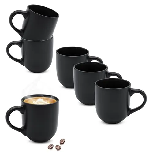 Steinzeug Kaffeetasse 300 ml schwarz matt - 6er Set - Kaffeebecher mit Henkel 10 x 8,3 cm - Feinkeramik Tasse für Kaffee Tee Kakao Matcha Trinktasse Teebecher Mug Kaffeepott