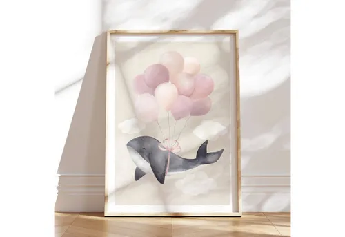 MeinBaby123® Poster Kinderzimmer Meerestiere,  Kinderzimmer Deko, Kinderzimmer Bilder, Unterwasserwelt, süßer Wal, Schildkröte, Qualle