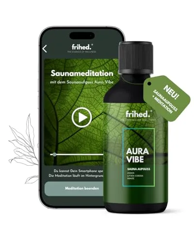 frihed.® - Saunaaufguss Zeder, Litsea Cubeba & Minze mit App Meditation - Aufgussmittel für alle Sauna Arten - langanhaltender Sauna Duft - extra hochwertiges Öl - Geschenkidee
