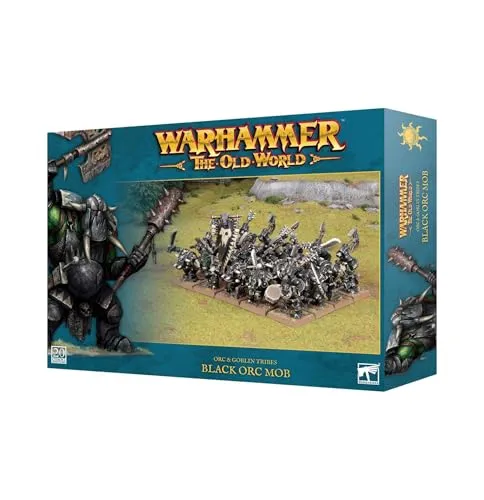 Games Workshop - Warhammer - Die alte Welt - Ork- und Koboldstämme: schwarzer Orc Mob - Tabletop Spiele mit 20 brutalen Miniaturen, perfekt zum Zerschlagen von Feinden. Enthält Upgrades für Chef, Musiker und Standardträger – ideal für individuelle Anpassung!