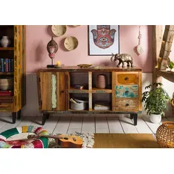Sideboard Altholz 150x40x86 mehrfarbig lackiert SIXTIES #101 - Stylisches Altholz Sideboard im Retro-Stil der 60er Jahre. Mit 1 Tür, 3 Schubladen und 6 Fächern bietet es praktischen Stauraum. Die bunte Lackierung verleiht deinem Zuhause einen einzigartigen Used-Look. Entdecke die gesamte SIXTIES Serie!