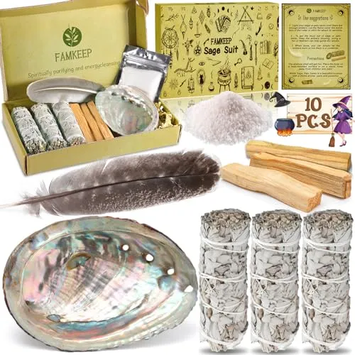FAMKEEP Räucherset mit Salbei und Palo Santo - Vollständiges Räucherset mit 3 Bündeln weißem Salbei, 3 Palo Santo Wurzeln und einer Abalone-Muschel. Ideal für persönliche Räucherrituale und spirituelle Reinigung. Perfektes Geschenk für jeden Anlass.