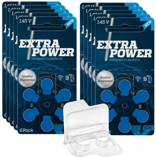 60er Extra Power Gr. 675-10x 6er Blister Hörgerätebatterien PR44 Blau 24600 + Aufbewahrungsbox für 2 Hörgerätebatterien