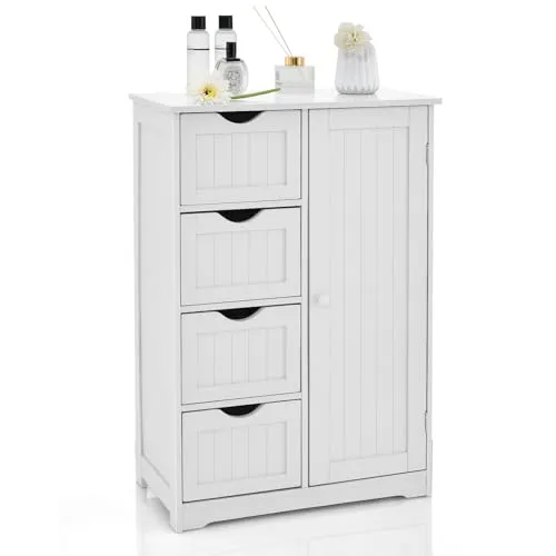 Produktbild COSTWAY Badezimmerschrank mit 4 Schubladen & 1 Tür, Badschrank mit verstellbare Ablage & Magnetischer Türverschluss & Kippersicherung für Wohnzimmer, Badezimmer, 55 x 30 x 81 cm (White)