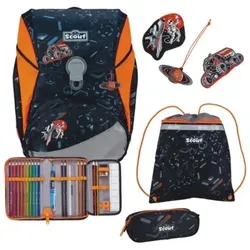 SCOUT Alpha Set 4-teilig Space Data - Schulranzen mit fluoreszierenden und reflektierenden Elementen für optimale Sichtbarkeit. Ideal für sichere Schulwege bei Tag und Nacht. Maße: 28 x 40 x 17 cm.
