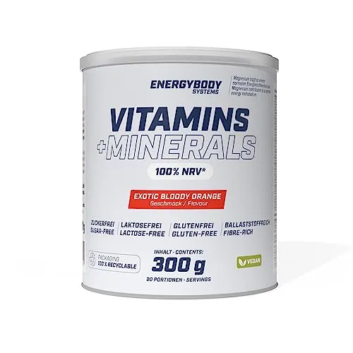 Energybody Vitamins + Minerals Pulver - 300g - mit 10 Vitaminen & 8 Mineralstoffen/Multivitamin Mineralstoff Drink/Exotic Bloody Orange Geschmack, vegan