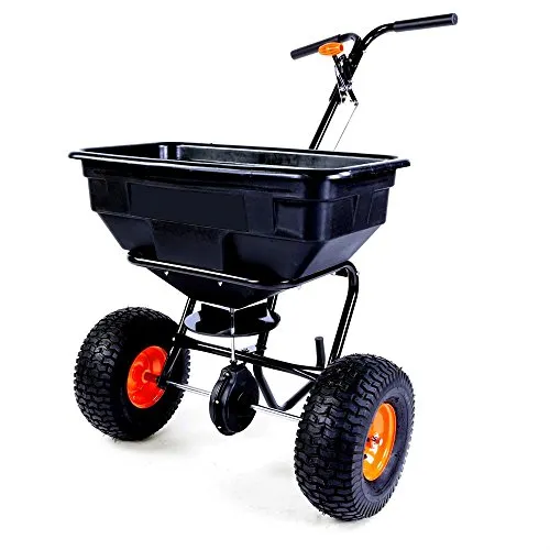 FUXTEC FX-GS56 Salzstreuer Streuwagen - Gartenwerkzeuge – Vielseitiger 56kg Streuwagen für Winter und Sommer, ideal für Streusalz, Splitt, Samen und Dünger mit stufenloser Dosiereinrichtung und robustem Stahlrahmen.