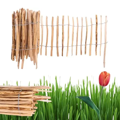 Ogrodzenia Wiklinowe Haselnuss Holz Staketenzaun 50 cm x 5 m - Dekorative Zäune aus robustem, wetterbeständigem Haselnuss-Holz, ideal zur Beetumrandung und für einen rustikalen Charme im Garten.