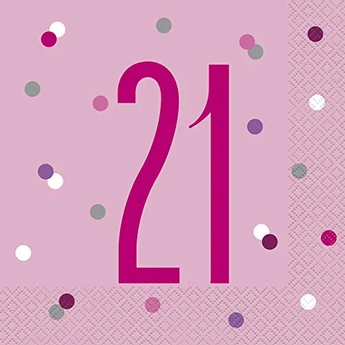 Papierservietten - Zahl 21 - 16,5 cm - Glitzer Rosa & Silber Geburtstag - 16er-Packung