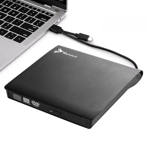 Reagle Externes CD/DVD Laufwerk USB-C & USB-A 2-in-1 Externer Brenner & Leser für Laptop Windows Linux Plug & Play USB 3.2 Gen 1 5 Gbps Slim Design Schwarz