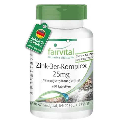 fairvital Zink 3er Komplex 25mg, 200 Tabletten, schluckfreundlich, 25mg Zink pro Tablette, qualitätsgeprüft und hochdosiert, 100% vegan, Made in Germany