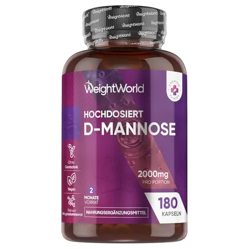 D Mannose Kapseln - 2000mg pro Portion - Vegan - Fruchtextrakt aus Cranberry, 180 vegane Kapseln mit 2.000 mg D-Mannose für 2 Monate, frei von Magnesiumstearat und ideal für eine gesunde Blasenschleimhaut.