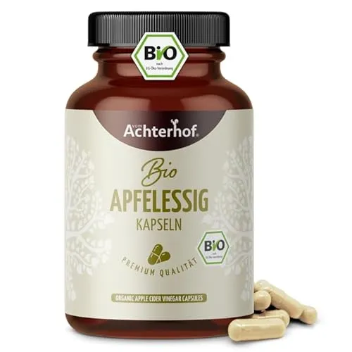 Bio Apfelessig Kapseln (180 Kapseln) | 1560 mg Bio Apfelessig Pulver pro Tagesdosis | zur schonenden Einnahme für Zahnschmelz und Magen | vegan | Achterhof