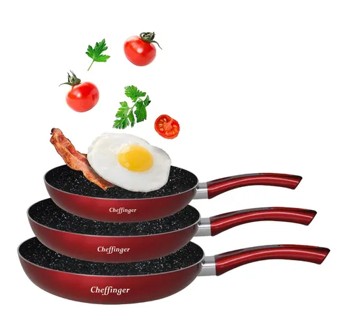 Cheffinger 3-teiliges Pfannen-Set – Induktion & Antikratz - 3-teiliges Pfannen-Set mit 20, 24 und 28 cm Durchmesser. Kratzfeste Marmorbeschichtung, leicht zu reinigen und geeignet für alle Herdarten, auch Induktion. Ideal für müheloses Braten und Kochen.