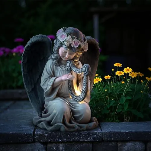 Tuzsocr Solar Engel Gartenstatuen - Betende LED-Schutzengel-Figur,Grablicht Outdoor-Dekoration,Wetterfest Grabschmuck für Friedhof,Fairy Engel Skulptur Deko Rasen,Terrasse,Fensterbank,20,5cm (Stil 2)