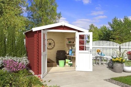 Gartenhaus Blockhaus Ingo 230 rot, 28 mm Satteldach - Gartenhaus aus robustem Blockbohlenholz, mit abschließbarer Doppeltür und 5.04 m² Nutzfläche, ideal für Gartenutensilien oder als gemütlicher Rückzugsort.