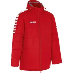 Derbystar Hyper Stadionjacke Unisex, rot Weiss, XL - Trainingsbekleidung für Trainer und Auswechselspieler, wind- und wasserabweisend mit dickem Innenfutter für optimale Wärme und verstellbare Kapuze.