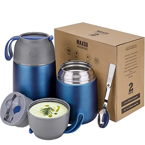 Thermobehälter für Essen 500ml & 700ml Kinder Edelstahl Warmhaltebebehälter mit faltbaren Löffel, Speißen, Babynahrung, Suppe, Brei, Joghurt, Thermo Speisgefäß Unterwegs, 2 Isolierbehälter im Set,Blau