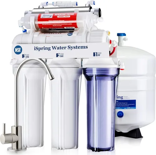 iSpring RCC7AKUV Wasserfilter RO-Anlage mit Remineralisierung & UV-Schutz - Erleben Sie reines Trinkwasser mit der iSpring RCC7AK-UV Umkehrosmoseanlage. 7-fach gefiltert und mineralisiert, entfernt sie zuverlässig Verunreinigungen und bietet zusätzlichen UV-Schutz. Ideal für die Küche.