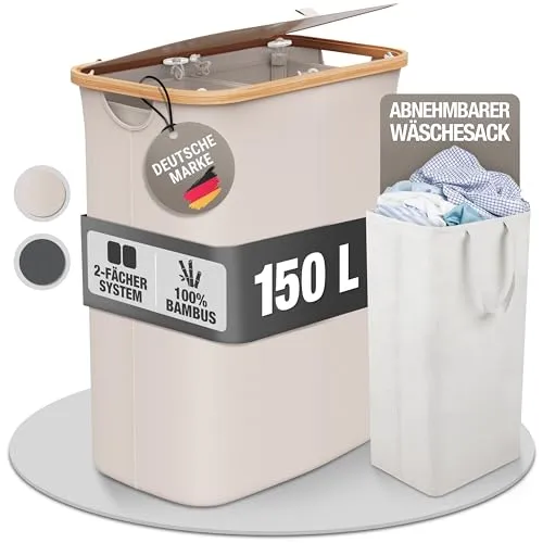 Wäschekorb 150L Faltbar mit Deckel und 2 Fächern – Wäschesammler Bambus-Stoff Beige – Wäschebox, Wäschetruhe, Wäschebehälter, Wäschetrenner für Bad, Schlafzimmer & Waschküche