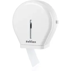 Wepa Satino Jumbospender klein weiß - Toilettenpapierspender für niedrige bis mittlere Frequenzen, servicefreundlich mit Sichtfenster und integrierter Rollenbremse für wirtschaftlichen Verbrauch.