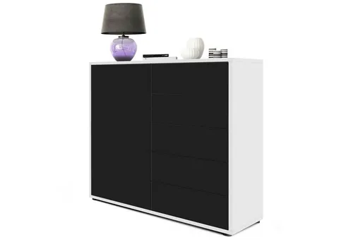 Vladon Kommode Ben V2 - Modernes Design in Weiß Hochglanz und Schwarz Matt - Kommode mit 1 Tür und 5 Schubladen für vielseitige Nutzung, pflegeleichte Oberfläche und modernes Design, ideal für Wohnzimmer, Schlafzimmer oder Flur.