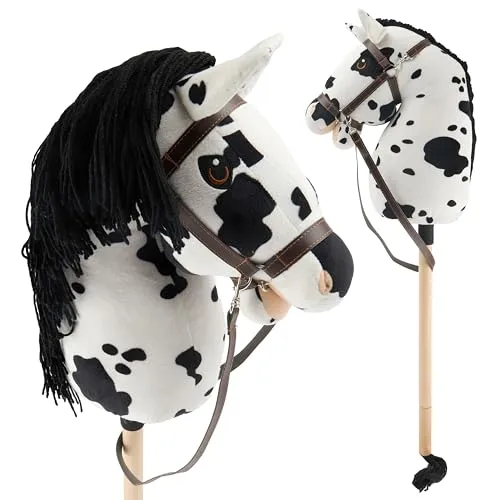 Bieco Hobby Horse Steckenpferd Schecke - Größe M mit Trense - Hochwertiges Steckenpferd für Hobby Horsing, ideal für Springreiten und Dressur. Abnehmbarer Stock & Schweif, handgefertigte Details. Perfekt für Kinder ab 3 Jahren, sicher und langlebig.