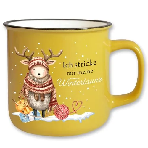 Jumbo Tasse Gelb Vintage mit Spruch T143 „Ich stricke mir meine Winterlaune″ Keramik Wolle Geschenk Retro 350 ml