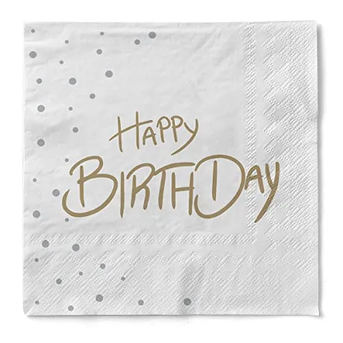Sovie HORECA Serviette „Happy Birthday“ aus Tissue, 3-lagig, 33 x 33 cm, 100 Stück – weiß mit goldenem Schriftzug & Konfetti – edle Geburtstagsparty-Deko, hochwertig & stilvoll