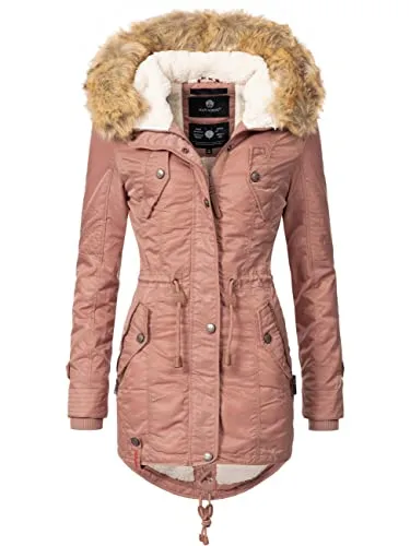 Navahoo Damen Wintermantel La Viva Terracotta Gr. L - Funktionsjacke mit abnehmbarer Kunstfellkapuze und flauschigem Teddy-Futter, ideal für kalte Herbst- und Wintertage.