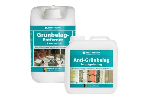 HOTREGA® Grünbelagentferner 5L Konzentrat mit Druckspritze - Reinigungsmittel für effektive Algen- und Grünbelagentfernung, selbsttätig wirkend und bis zu 350 m² ergiebig – ideal für Terrassen, Gehwege und mehr.