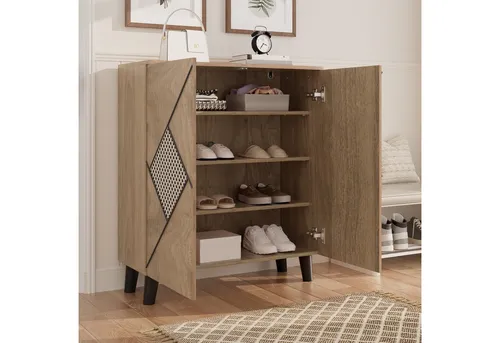 REDOM Schuhschrank Aufbewahrungsschrank 80x91x32 cm in Holzoptik mit Rattanmuster (Packung, 1-St., 80×32×91 cm,stilvoller Flurschrank) mit Stauraum, geschlossene Türen, Ablagefläche