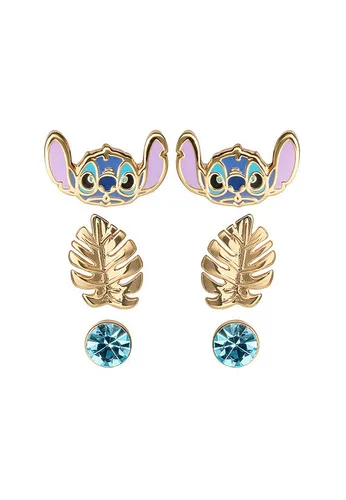 Disney Lilo & Stitch 3 Piece Earring Set - Schmuck-Sets in Bijouterie, hochwertiges Set mit Stitch-Motiv und Blatt-Design, ideal als Geschenk für Disney-Fans